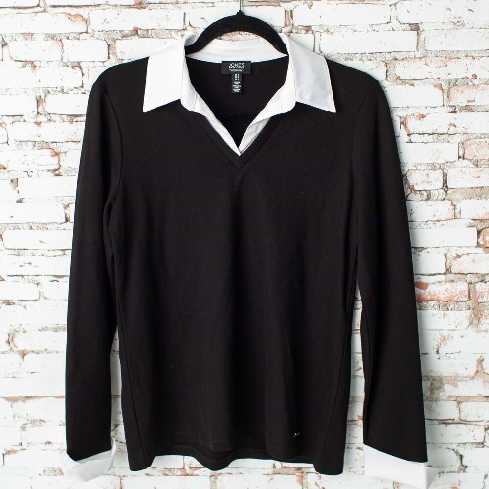Jones New York Signature Women’s Small Black White Layered Look Collared Top